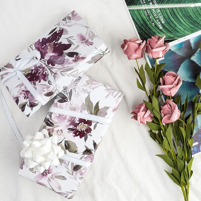 WRAPAHOLIC 30 Inch Jumbo Floral Wrapping Paper - 30 Inch X 33 Feet - Purple Floral Design for Wedding, Birthday, Mothers Day, Baby Shower, Anniversary, Bridal Shower