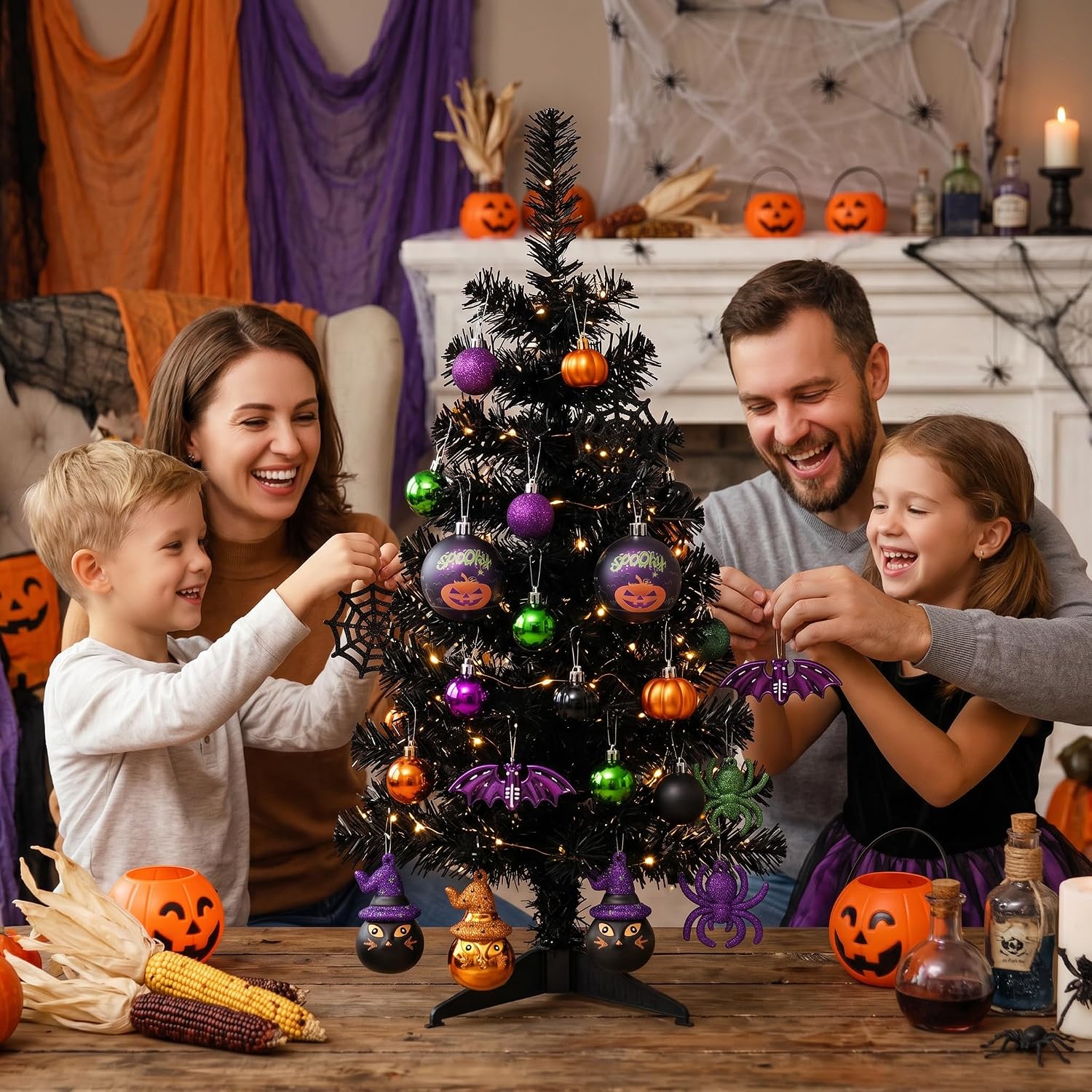 Valery Madelyn 35ct Halloween Ornaments Shatterproof Tree Decoration Indoor | Cats Jack-o'-Lantern Pumpkin Vintage Variety Hanging Ball Ornaments Set for Small Tree, Cute Holiday Party Home Decor