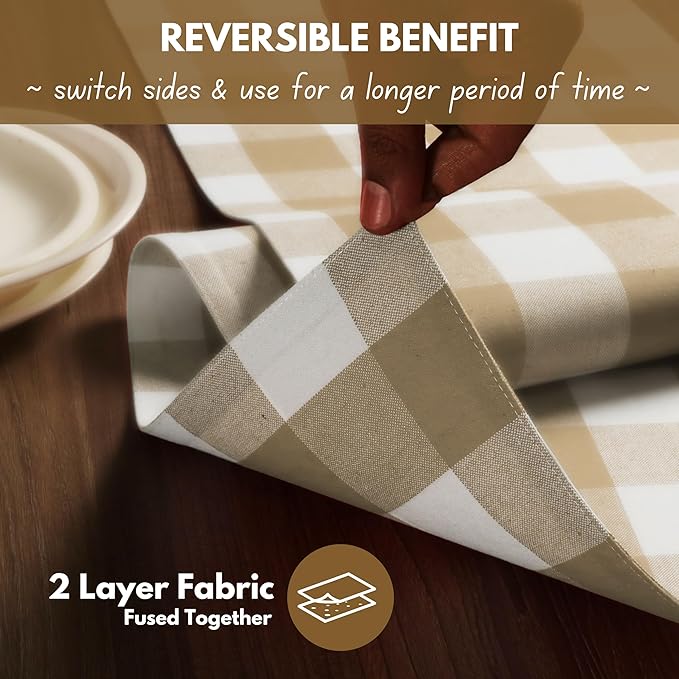 Native Fab Table Runner Buffalo Check Plaid 100% Cotton - 13x108 Inches Kitchen Dining Table Decoration for Indoor Outdoor Farmhouse Home Party Decor - Beige and White