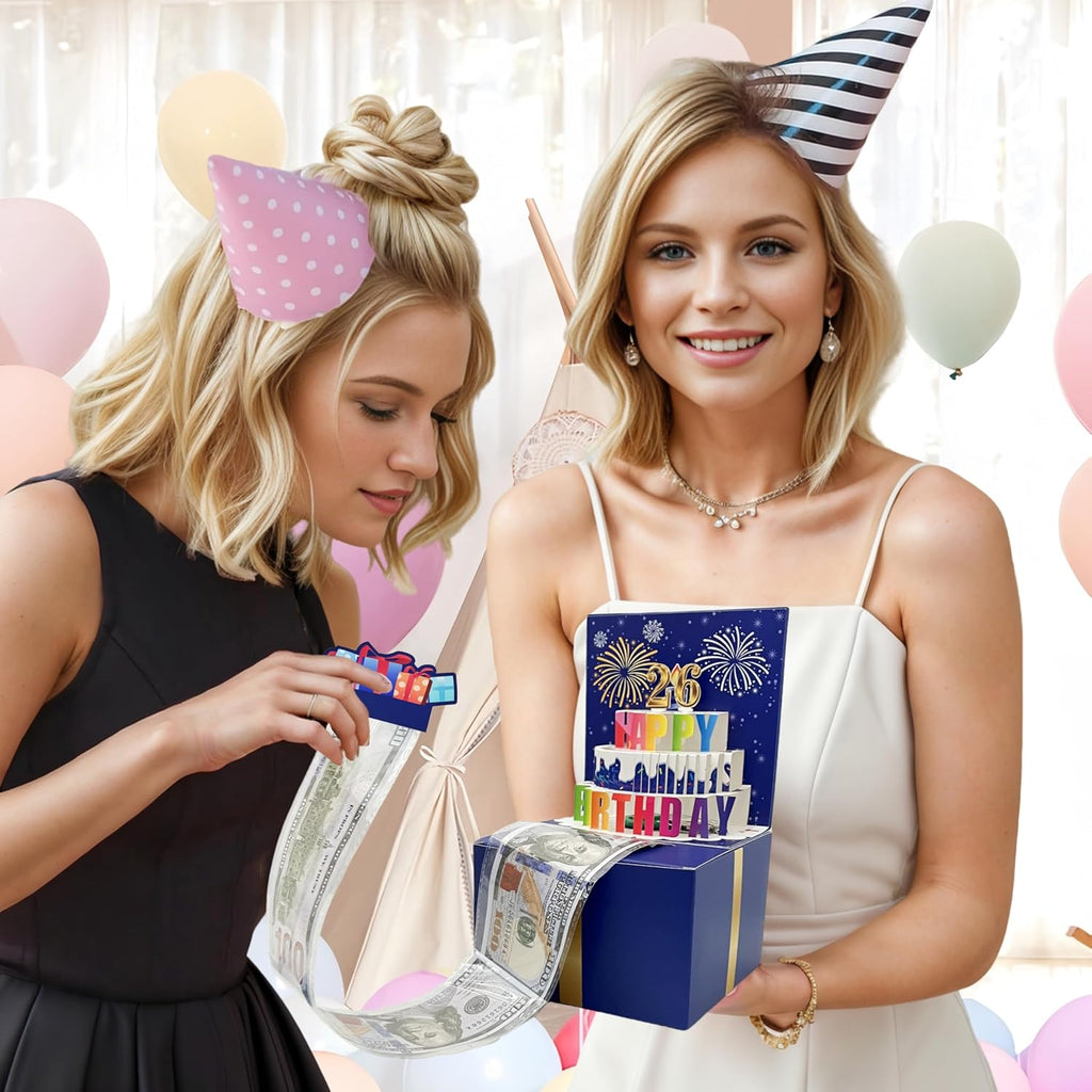 JINSTABAG Birthday Money Box for Cash Gift, Money Pull Box with Music Light DIY Sticker 13th 16th 18th 21th Any Age and Banner, Birthday Decorations for Boys Girls Kids Adult (Dark Blue)