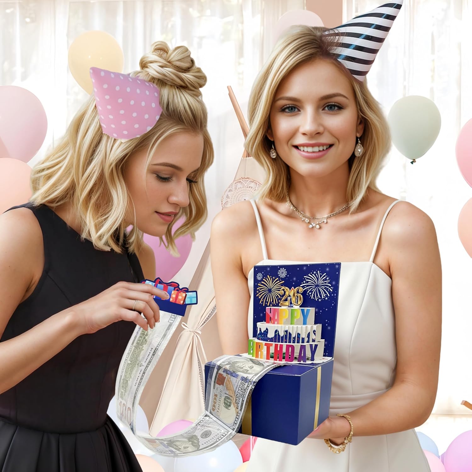 JINSTABAG Birthday Money Box for Cash Gift, Money Pull Box with Music Light DIY Sticker 13th 16th 18th 21th Any Age and Banner, Birthday Decorations for Boys Girls Kids Adult (Dark Blue)