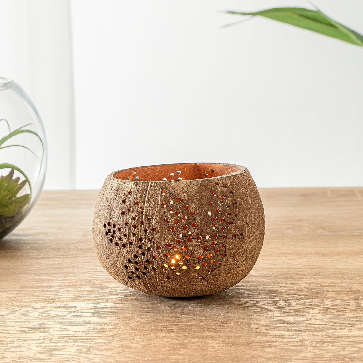 Restaurantware-Coco Casa 4 x 3.3 Inch Coconut Shell Candle Holders, 1 Reusable Tealight Holders - Candle Not Included, Leaf Pattern, Brown Coconut Bowls For Candles, Handcrafted