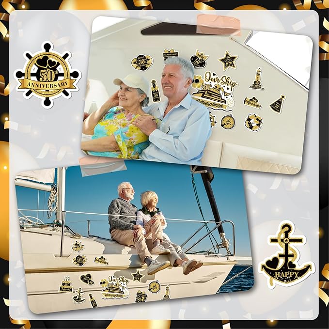 50th Anniversary Cruise Door Magnets Decorations, Gold Black Happy 50th Anniversary Cruise Ship Door Decor Magnetic for Married in 1975 Men Women Wedding Party Refrigerator Fridge Car Kitchen Garage