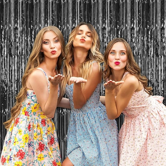 24 Pack Halloween Black Metallic Foil Fringe Curtains, 3.2ft x 8.2ft Foil Fringe Curtain Backdrop Foil Streamers Party Supplies Tinsel Curtain Backdrop for Parties/Halloween/Photo Booth