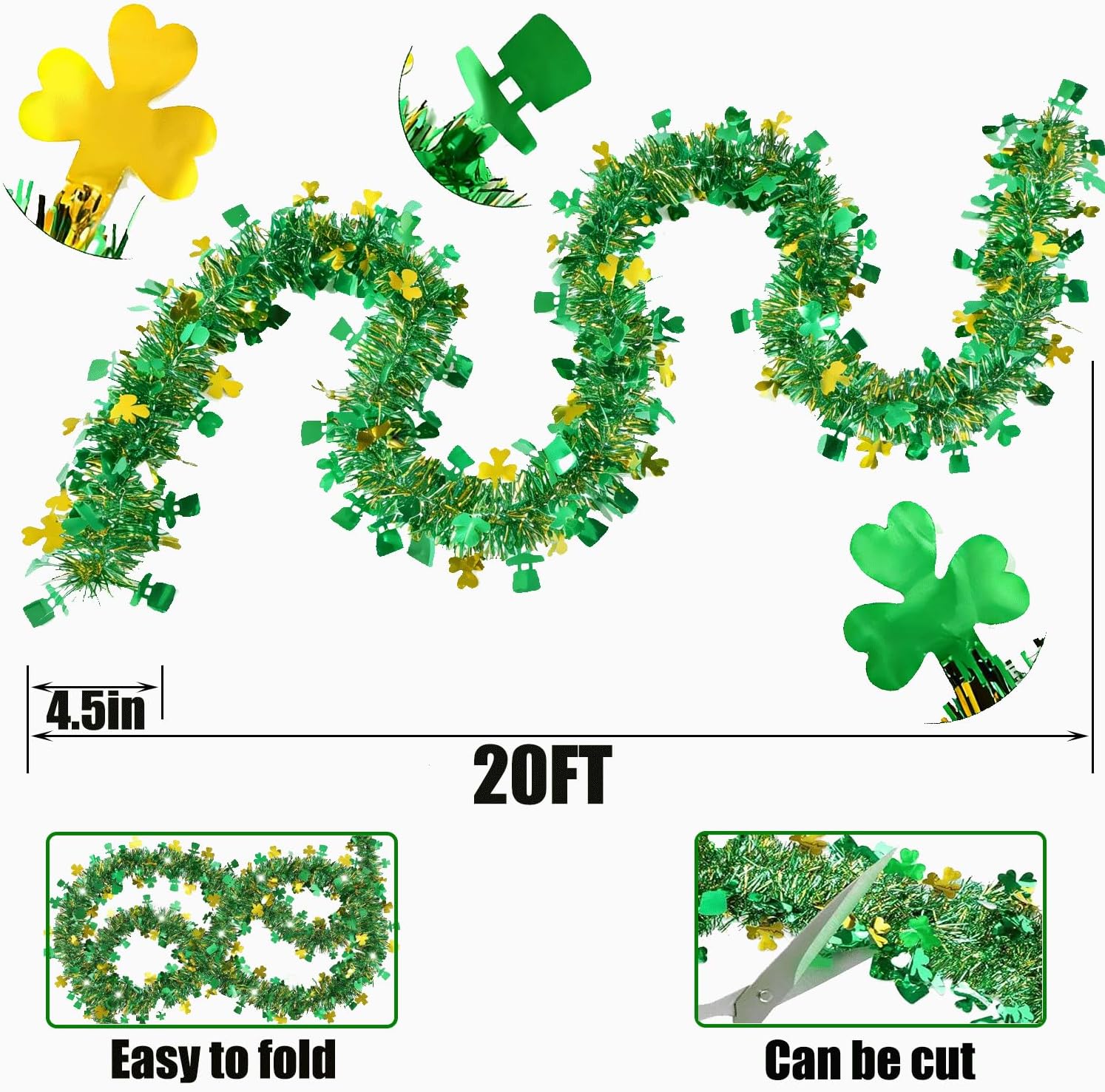 【20/40/60/80 FT】 St Patricks Day Garland Decor Gold Green Shamrock Hat Tinsel Garland, Shiny Metallic Streamer Twist Garland Hanging St Patricks Day Decorations for Home Indoor Outdoor Party Supplies