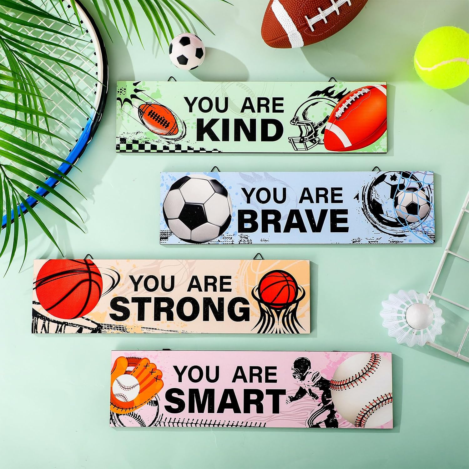 Geetery 4 Pcs Sport Bedroom Wall Decor Boys Room Decor for Kids Soccer Basketball Baseball Football Wall Art Inspirational Wooden Hanging Sign for Boys Girls Kids Nursery Playroom Kindergarten