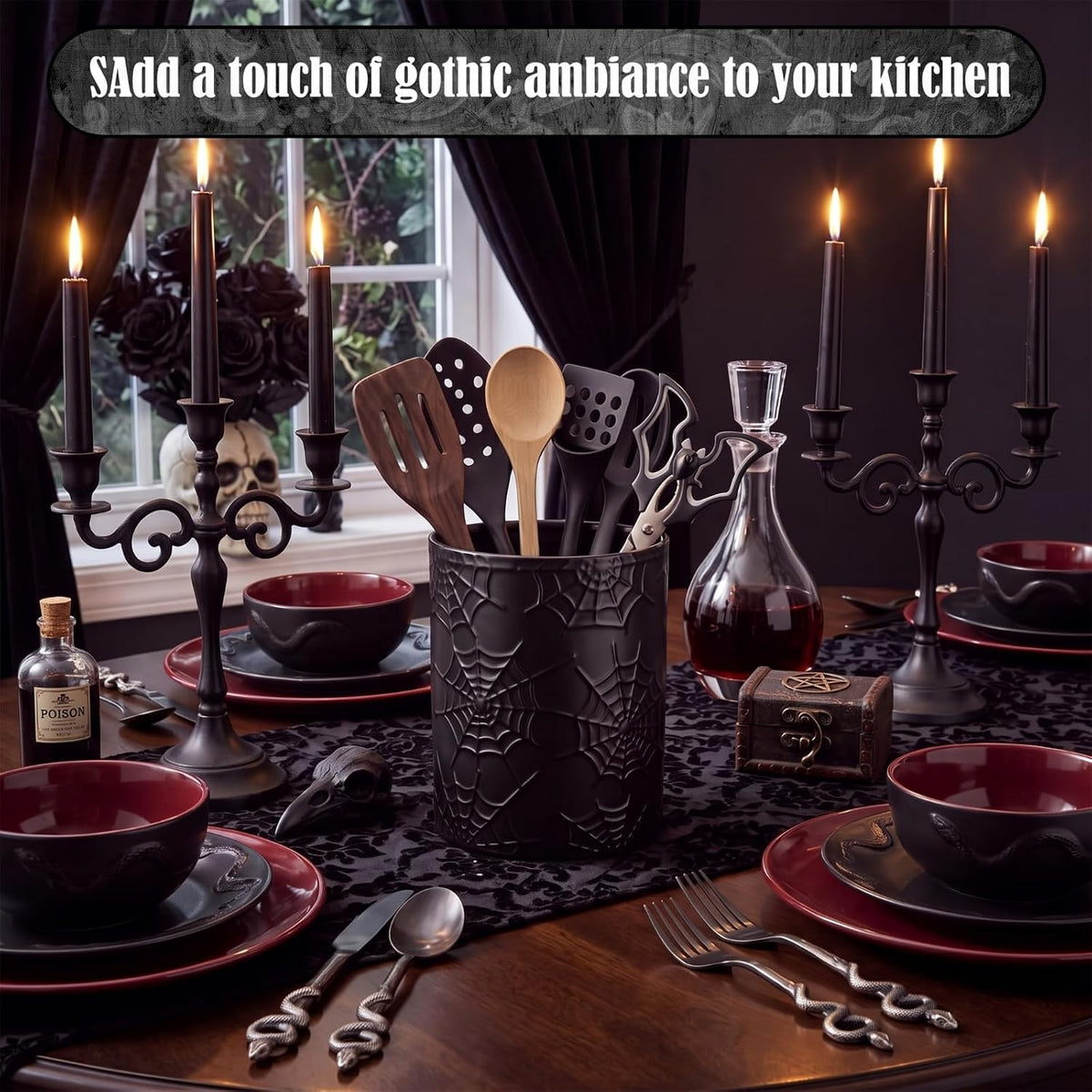 Yungyan Ceramic Spiderweb Utensil Holder for Kitchen, Gothic Accessories