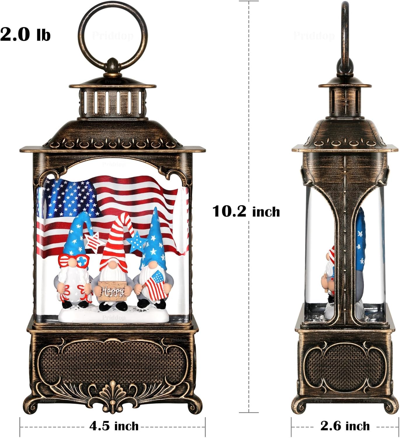 Priddop Gnome Snow Globe Lantern 4th of July Decorations with Timer, USB and Battery Powered 4th of July Shirts Patriotic Gnomes and American Flag Independence Day 10.2 inch