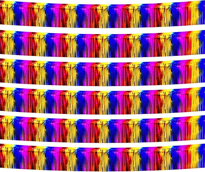 6 Pack 10 Feet Foil Fringe Garland Metallic Tinsel Streamers Banner Wall Hanging Curtain Backdrop Banner for Parade Floats, Thanksgiving, Christmas, Birthday, Halloween Party Decorations(Rainbow)