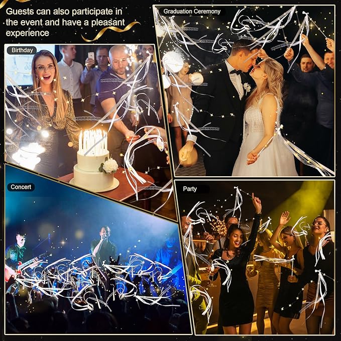 50 Pcs Wedding Wands Ribbon Streamers with 3 Colorful Flashing Modes, Light up LED Silk Fairy Wands, Glow Lace Stick with Bells for Wedding Reception, Graduation, New Year, Birthday Party (Warm White)