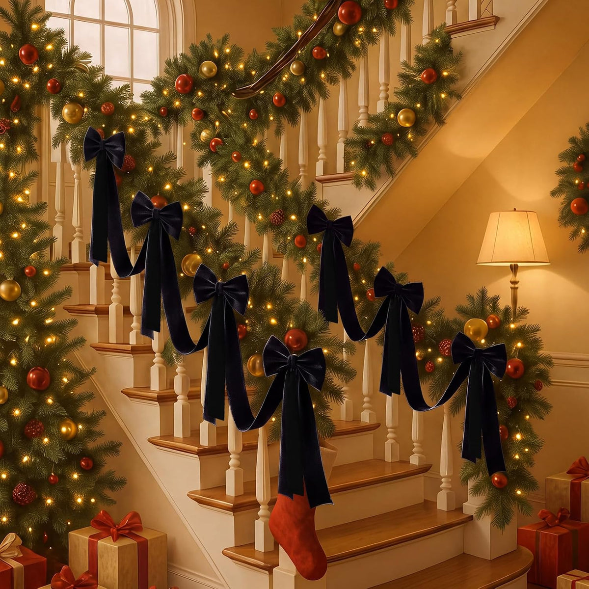 civaner 16.4 ft christmas velvet bow garland staircase, side view
