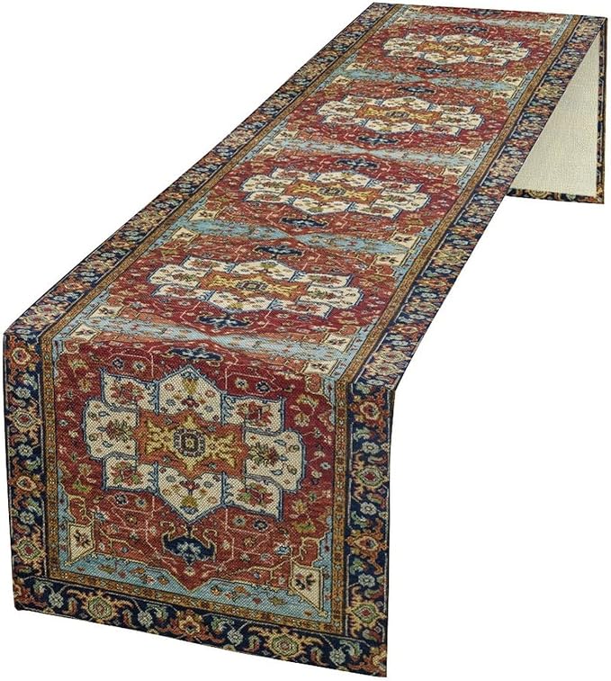 Vintage Boho Floral Table Runner, Rustic Country Farmhouse Red Blue Gold Retro Flower Pattern for Home Kitchen Table Decor Dining Coffee Room Party Decor 13x108in