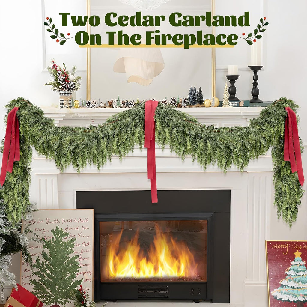 9ft christmas artificial cedar garland for mantel, close-up detail