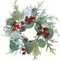 Winlyn 4 Pcs Artificial Eucalyptus and Snowy Cedar Candle Rings Christmas Candle Holder Rings Mini Window Wreaths 12.2" Wide with Red Berries Pine Cones for Holiday Winter Wedding Seasonal Decoration