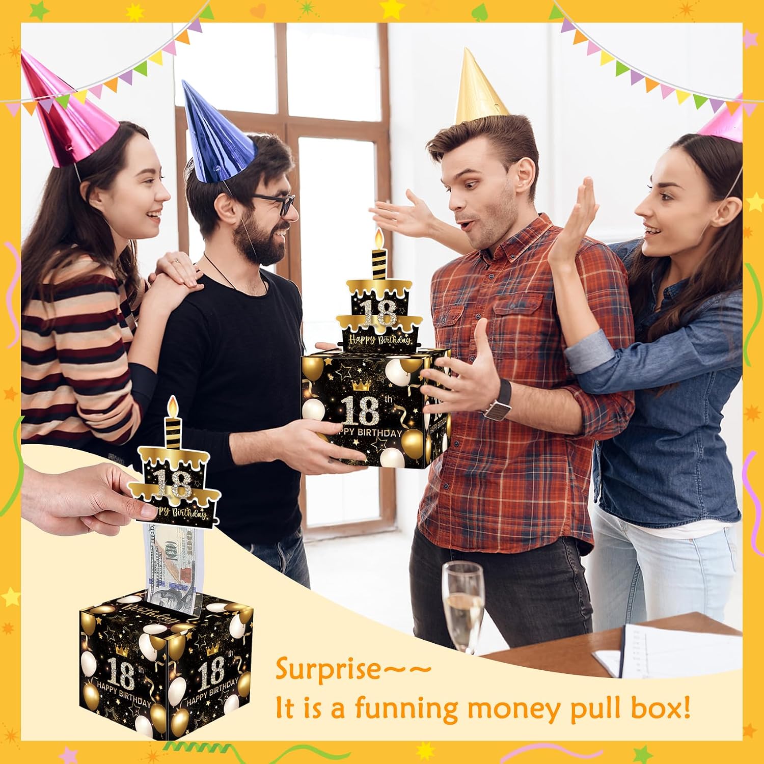 18th Birthday Money Box for Cash Gift, Surprise Pull Out Money Gift Box with 50Pcs Transparent Bags - Fun Ways to Give Cash as A 18th Birthday Gift for Girls Boys