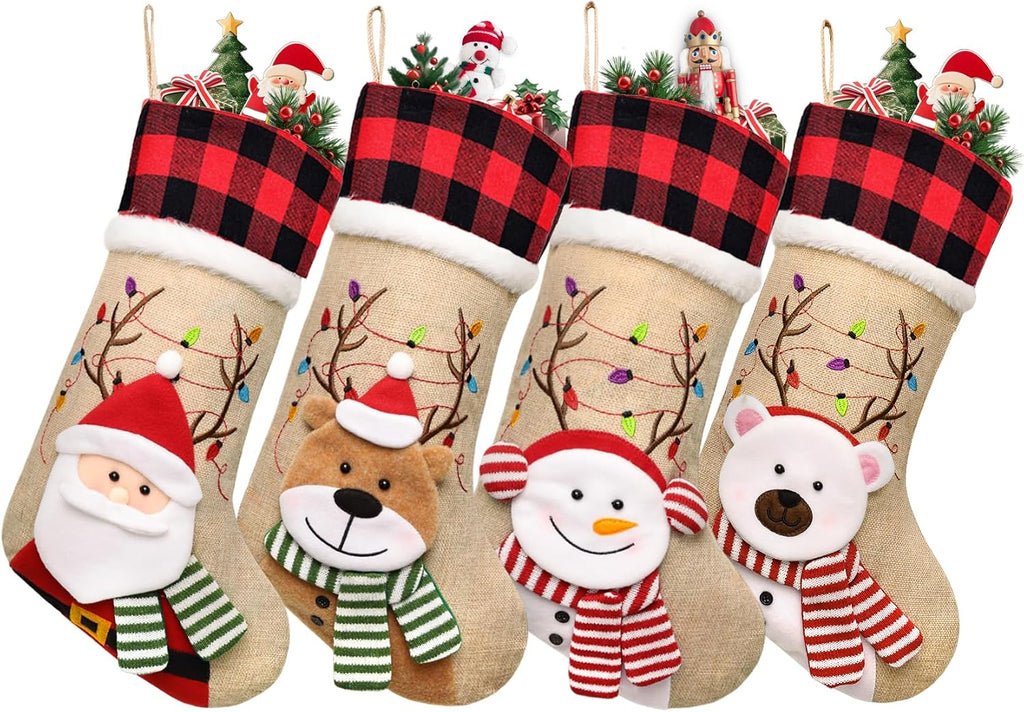 ELEGANTPARK Burlap Christmas Stocking 4 Pack, Buffalo Plaid Cuff 20 Inch | Large Xmas stockings with 3D Santa reindeer snowman bear for family kids, fireplace mantel hanging Christmas decor