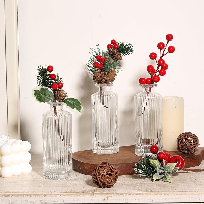 ComSaf Glass Bud Vases Set of 3, Small Flower Vases in Bulk, Mini Ribbed Vases for Centerpieces, Clear Vintage Vase for Table Decorations, Wedding, Party, Receptions, Home Decor (Different Sizes)