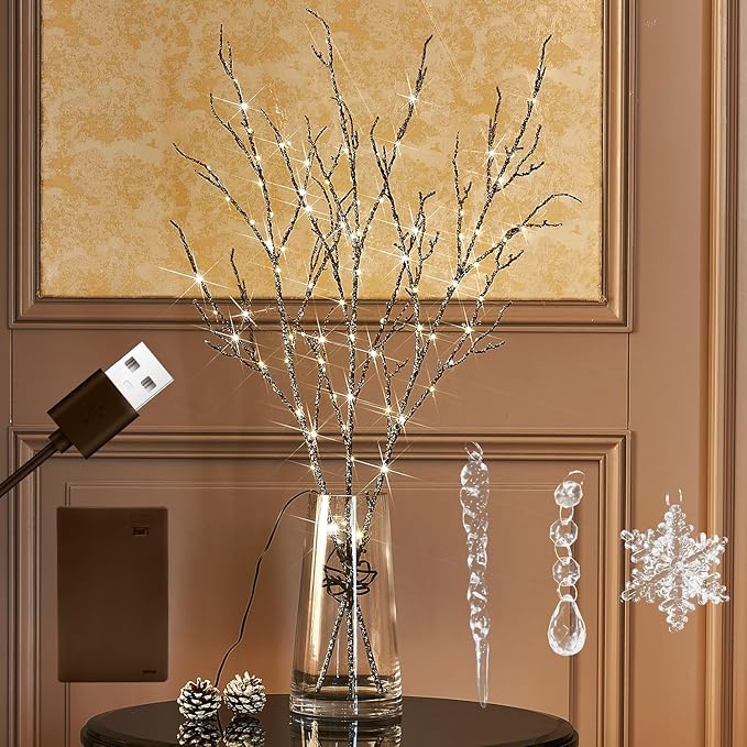 Fudios Lighted Willow Branches Christmas Glitter Battery Operated 32IN 120 LED Fairy Lights, Brown Branch Lights for Home Holiday Decoration Indoor Outdoor