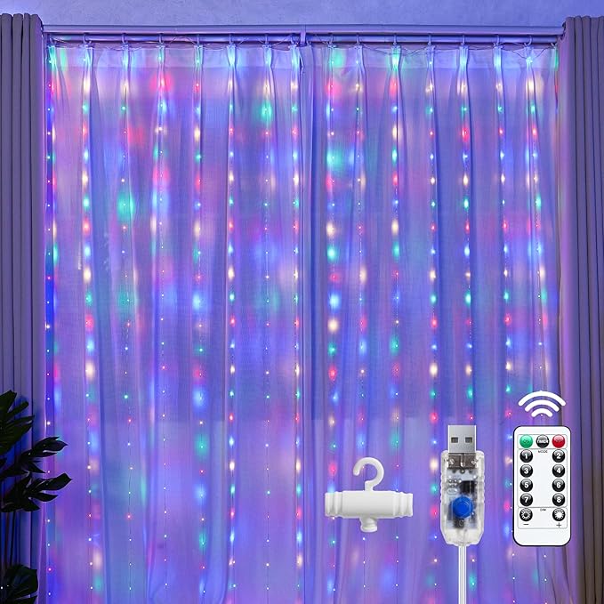 Brightown 300 LED Fairy Curtain Lights, 9.8ft x 9.8ft Multicolor Curtain String Lights, USB Plug in 8 Lighting Modes Christmas String Hanging Lights with Remote for Bedroom Indoor Outdoor Party Xmas