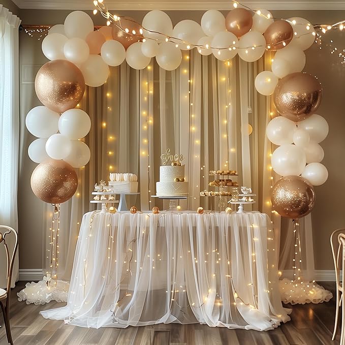 Fomcet Tulle Curtains with Lights String Champagne 20FT X 8FT Sheer Backdrop Curtains for Parties Wedding Baby Shower Photo Shoot Decorations (4 Panels 5 x 8FT)