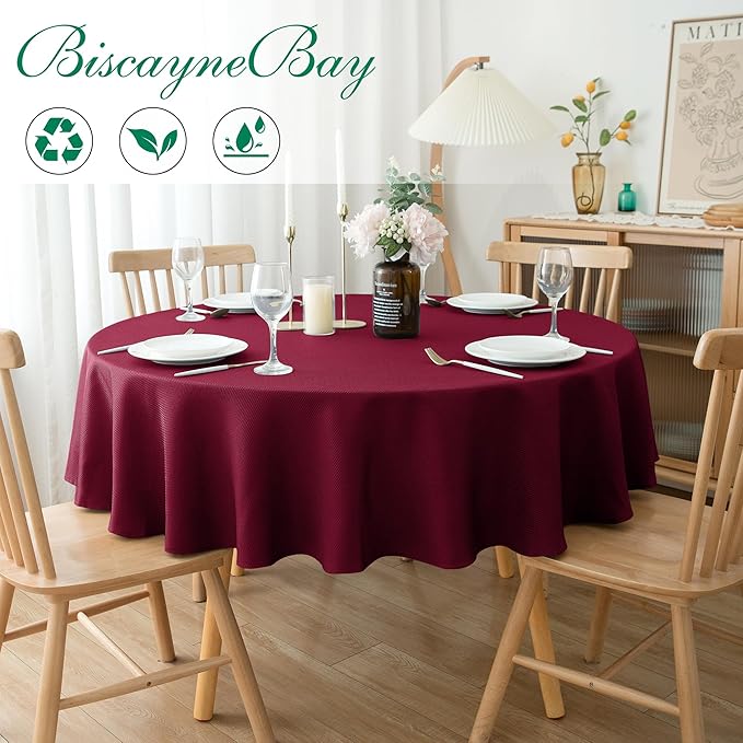 Biscaynebay Textured Fabric Christmas Round Tablecloths 70", Burgundy Water Resistant Folding Table Covers for Dining, Kitchen, Wedding, Parties Machine Washable