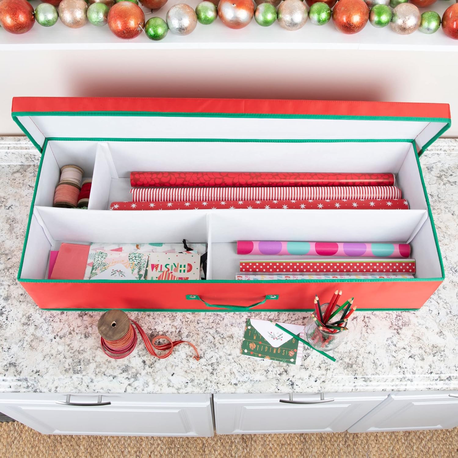 Household Essentials Holiday Gift Wrap Organizer with Lid, Red and Green