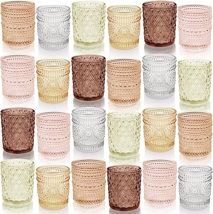 12 pcs Glass Votive Candle Holders, 6 Colors 3 Patterns Tealight Candle Holders for Fall Wedding Table Centerpiece Birthday Decoration