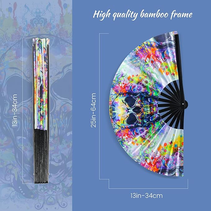 SYNTECSO Folding Hand Fan for Rave, UV Glow Fan, Large Bamboo Fan for Drag Queen, Women and Men Gift，Chinese Japanese Clack Fan for Parties, Music Festivals, EDM and Decoration