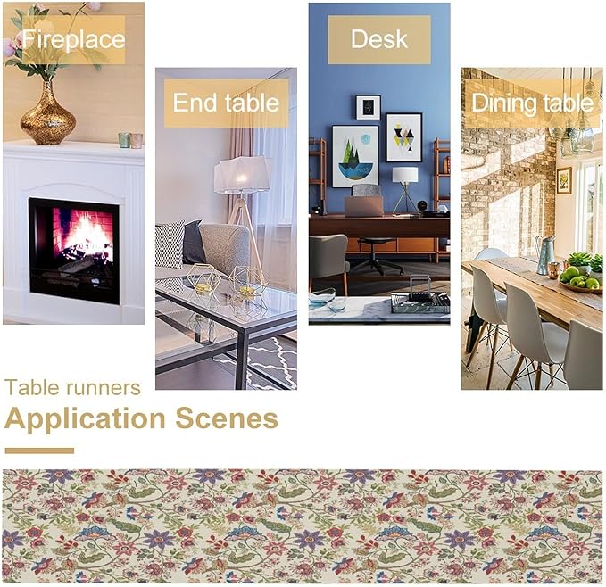 Spring Floral Table Runner, Boho Floral Pattern Natural Plant Table Decoration for Home Kitchen Restaurant Holiday Party,13in（33cm） W * 108in（274cm） L