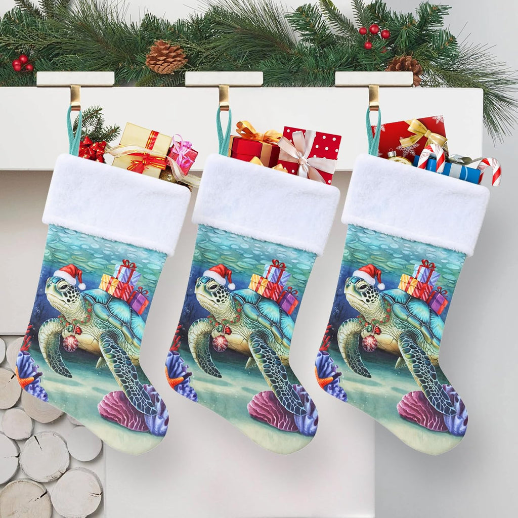 20 Inches Sea Turtle Christmas Stockings, Ocean Turtle Christmas Ornaments Large Hanging Stockings with Plush Cuff for Family Holiday Party Decorations