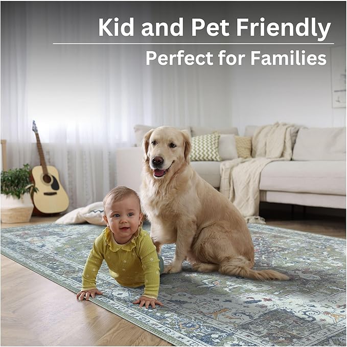Bloom Rugs Washable Non-Slip 12 ft Runner - Green/Blue Traditional Medallion Runner for Entryway, Hallway, Bathroom, and Kitchen - Exact Size: 2.5' x 12'