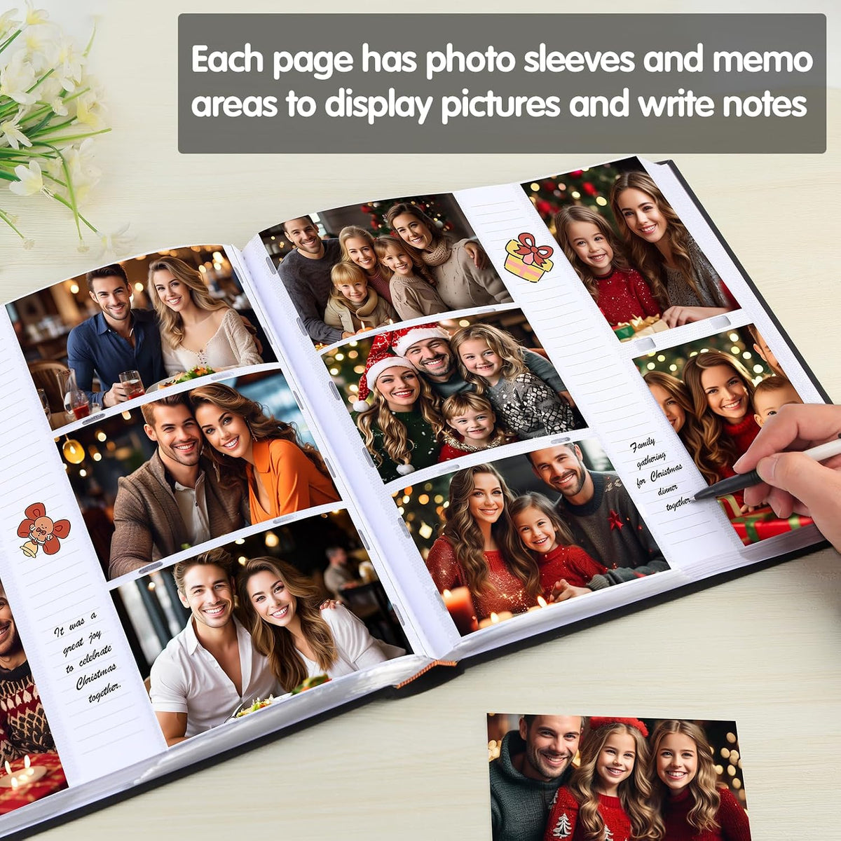 600 Pocket 4x6 Photo Album with Writing Space, Linen Cover, Black