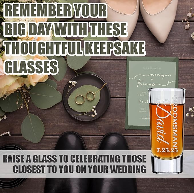 Custom Engraved 2 oz Shot Glass – Personalized Etching – Groomsman & Bridesmaid Gift – Wedding Favor Set of 2