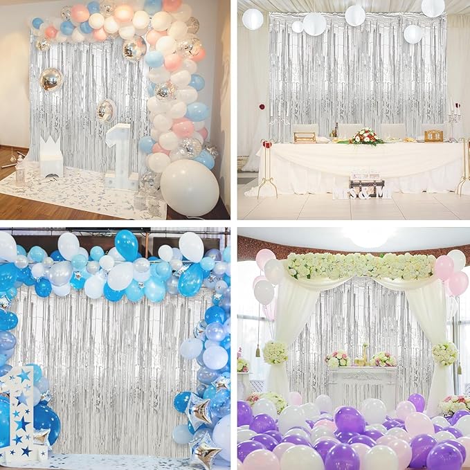 Crosize 8 Pack 3.3 x 9.9 ft Sliver Foil Fringe Curtains Party Decorations, Sliver Tinsel Curtain Backdrop for Parties, Door Streamers, Glitter Streamer Backdrop for Birthday Decoration