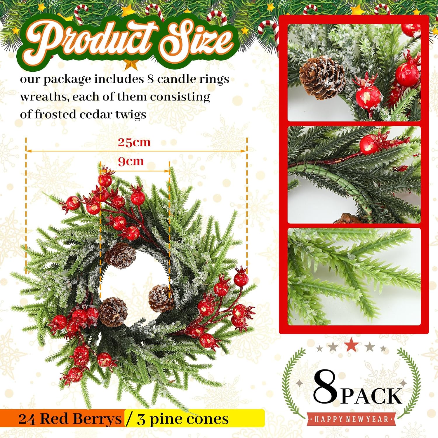 8 Pcs Christmas Candle Rings - 10 Inch Artificial Berries Pine Cone Wreaths for Pillar Table Centerpiece Decoration - Rustic Holiday Wedding Holder