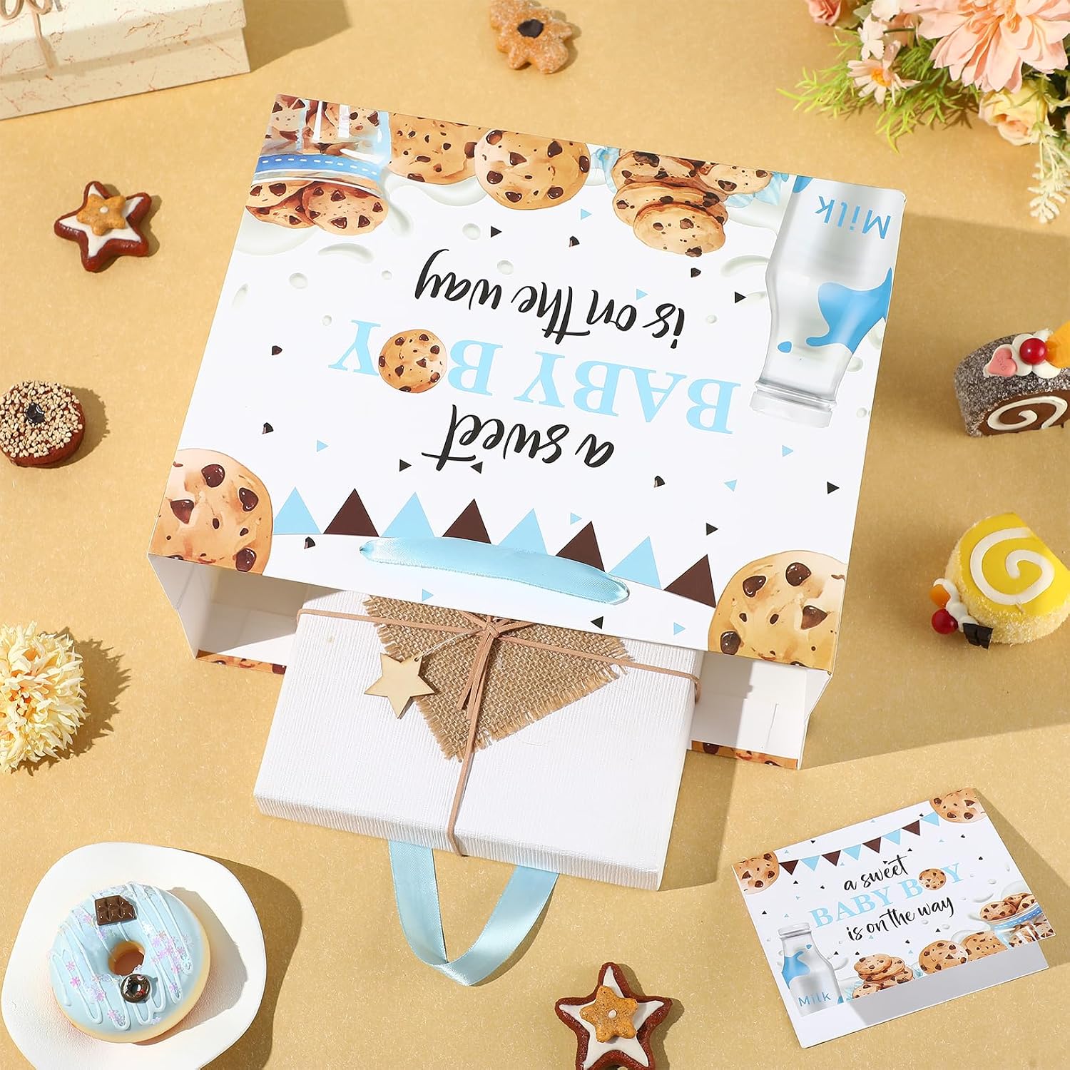Frakron Baby Boy Shower Gift Bag with Card & Wrapping Tissue Paper Milk and Cookies Theme Party Supplies Large Blue A Sweet Baby Boy is on the Way Gift Wrap Bags for Newborn Gender Reveal Sprinkle