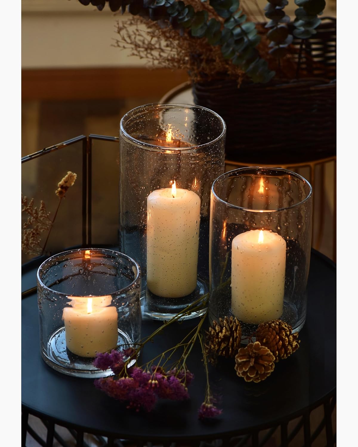 Hurricane Candle Holders Glass Cylinders Set of 3 (10" 7" 4") | Clear Seeded Bubbles, Cylinder Vases For Pillar Candles, Modern Rustic Table Centerpiece Decor