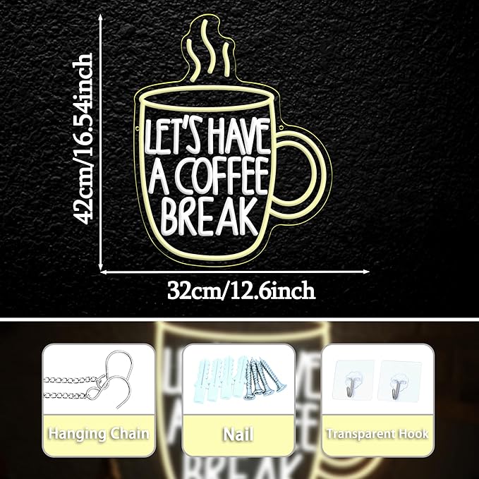 Let’s Have A Coffee Break Neon Sign,Dimmable Coffee Cup Led Light Up Sign for Living Room Bistro Party Kitchen(16.54 * 12.6In)