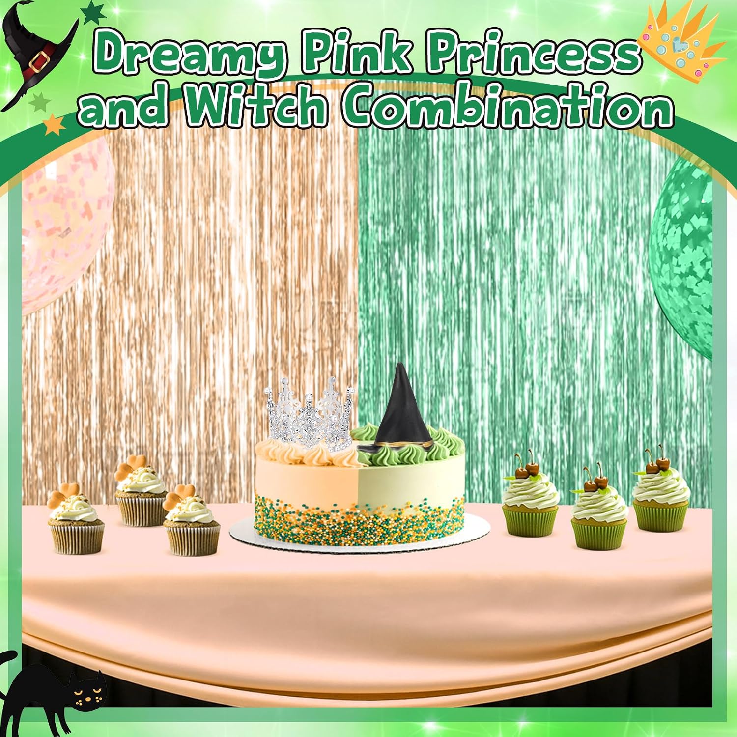Reallnaive Witch Theme Party Cake Decoration Silver Crown Black Witch Hat Cake Topper Supplies for Movie Theme Party Princess Birthday Pink and Green Celebration Decoration (Cute Crown)