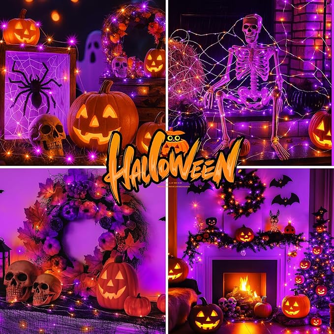 btfarm 12 Pack Fairy Lights Battery Operated [3 Modes], 7ft 20 Led Orange Purple Twinkle Lights String Lights Waterproof Bulk Mini Silver Wire for Halloween Mason Jars Vases Table Centerpiece Decor