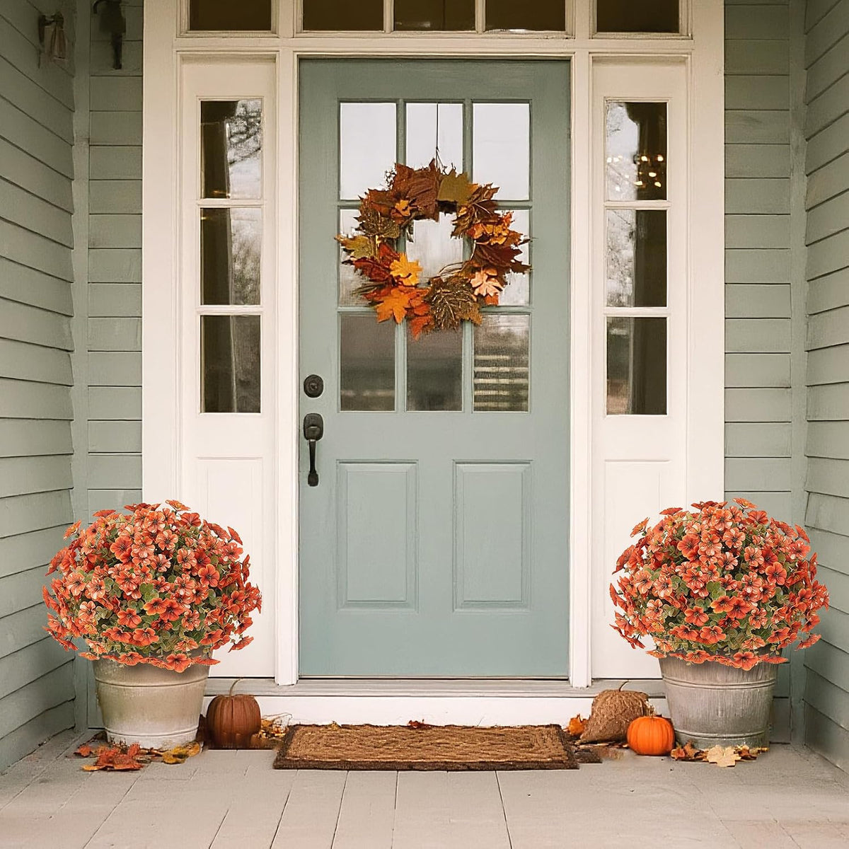 2 sets artificial fall flowers topiary ball trees shown in use