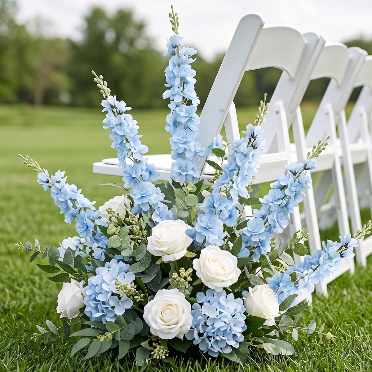 light blue delphinium artificial flower 33.5'' long stem shown in use
