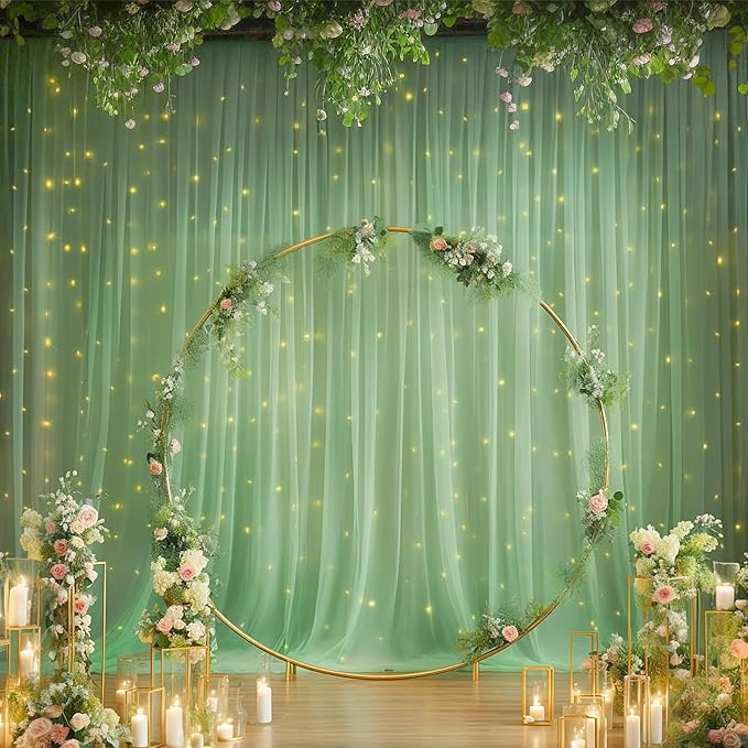 20×10ft Green Tulle Backdrop Curtain with Lights String for Parties, Sheer Photo Backdrop Curtains for Wedding Party Photography Background