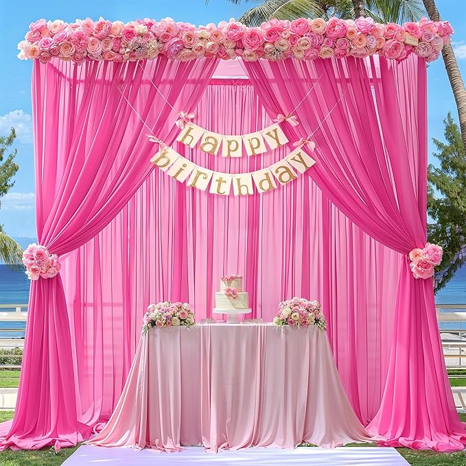 10ft x 10ft Hot Pink Backdrop Curtains, Wrinkle-Free Sheer Chiffon Fabric Photo Backdrop Drapes for Wedding Arch Party Ceremony Stage Photography Decorations