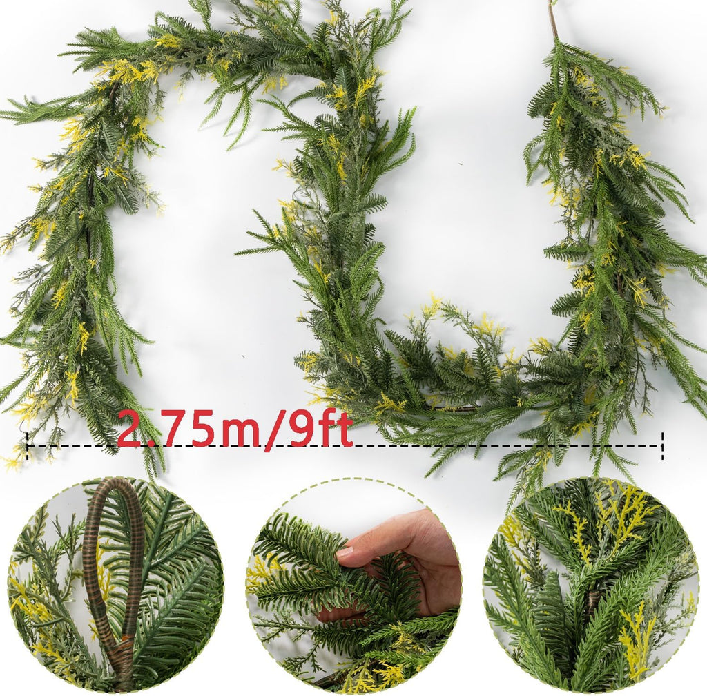 9ft handmade christmas garland,artificial cypress cedar pine needles shown in use