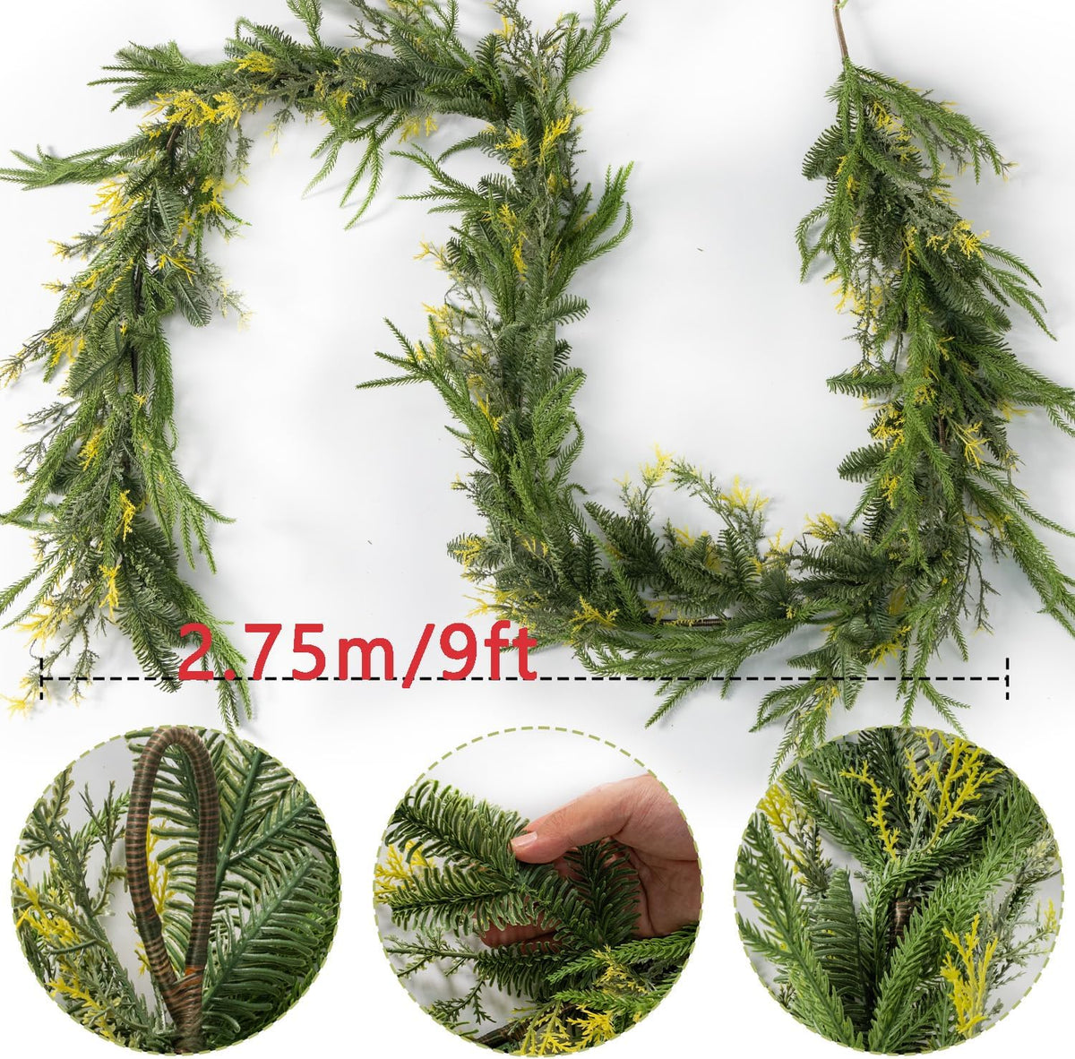 9ft handmade christmas garland,artificial cypress cedar pine needles shown in use
