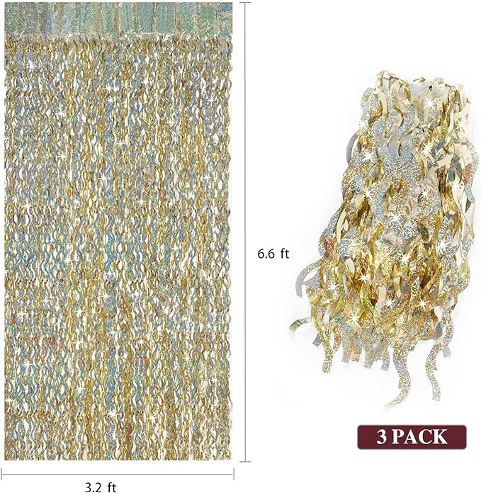 Champagne Gold Foil Fringe Backdrop - CYLMFC 3 Pack 3.3 ft x 6.6 ft Sparkle Tinsel Foil Fringe Backdrop Curtains for Birthday Anniversary Retirement Party Decorations