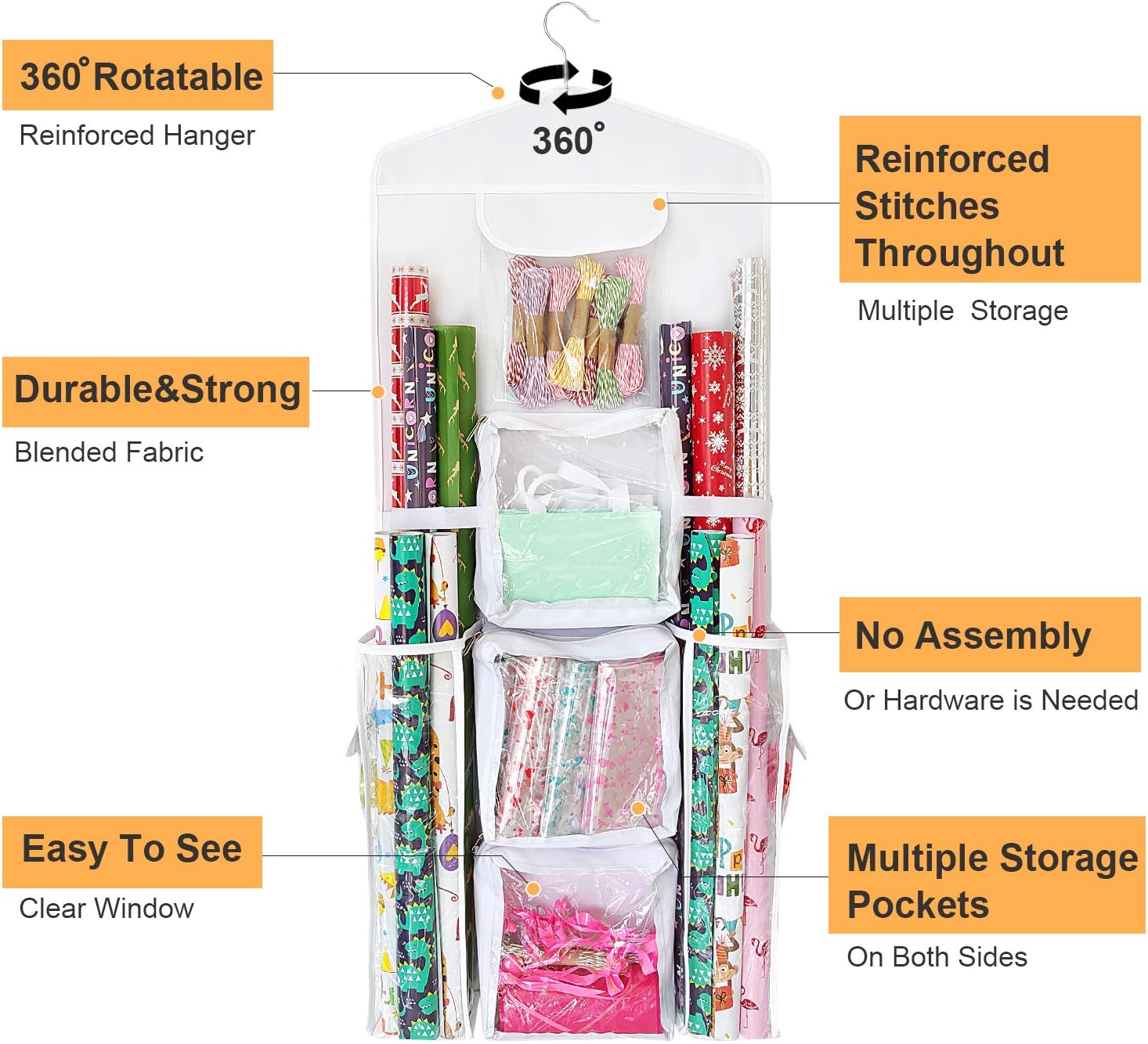 SumDirect Double-Sided Gift Wrap Organizer - White Hanging Wrapping Paper Gift Bag Storage Holder Pockets