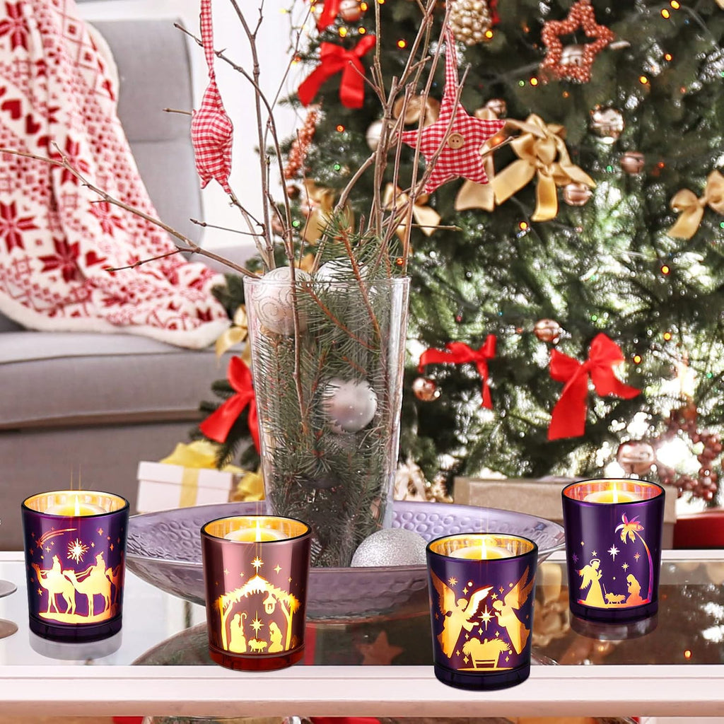 4 Pcs Christmas Advent Candle Holder Nativity Scene Candle Holder Glass Purple and Pink Tealight Candle Holders for Holiday Xmas Wedding Church Home Decor, 4 Styles
