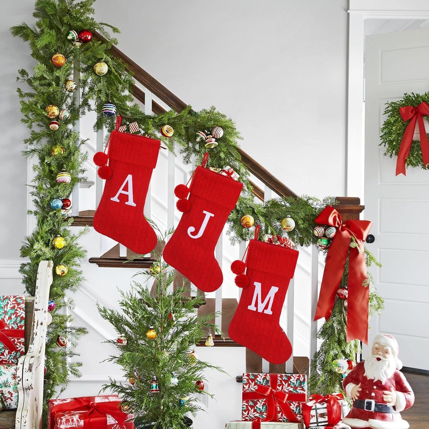 Personalized Christmas Stocking 19 Inch - Red Cable Knit with Monogram Embroidery & Pom Poms, Family Fireplace Hanger for Holiday Decor, Red Letter J